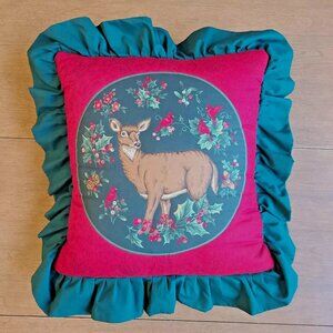 Vintage Christmas Handmade Pillow Square Deer Cardinal Holly Buck Ruffled Cabin